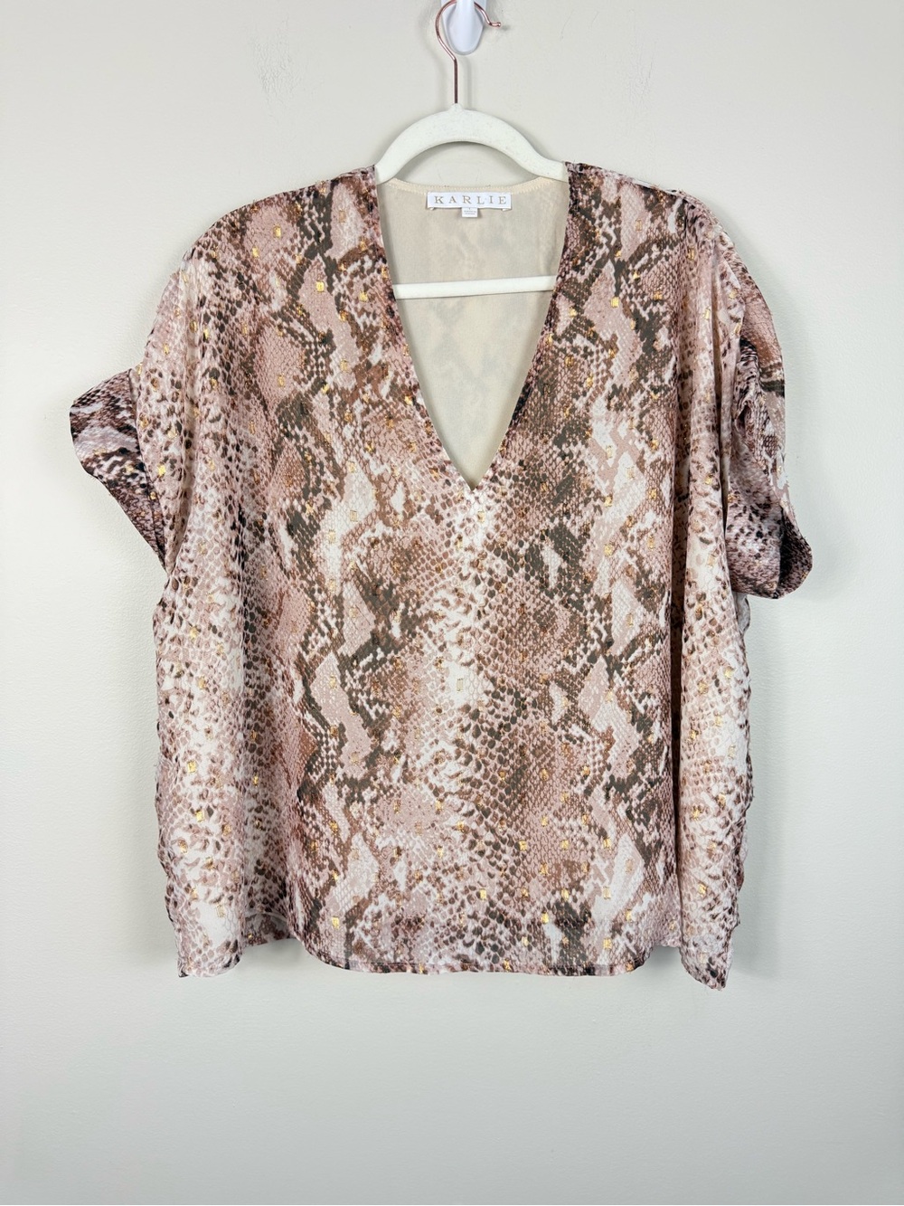 Karlie Mika Top Women Large Pink Snake Print V-Neck Classic Preppy Work Office